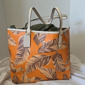 Coach Vibrant Orange Leaf Pattern Tote